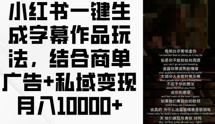小红书一键生成字幕作品玩法，结合商单广告+私域变现月入1w+【揭秘】-wanlih项目库
