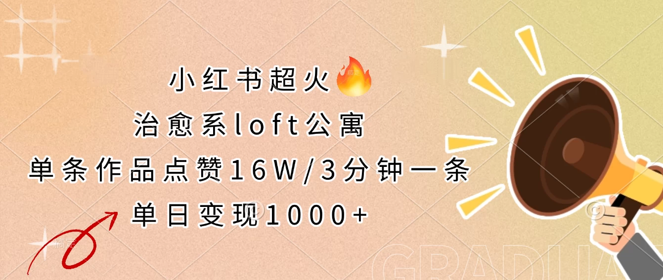 小红书超火的治愈系loft公寓，单条作品点赞16W，3分钟一条，单日变现1000+-wanlih项目库