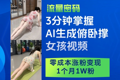 3分钟掌握AI生成俯卧撑女孩视频，零成本涨粉变现，1个月1W粉-wanlih项目库