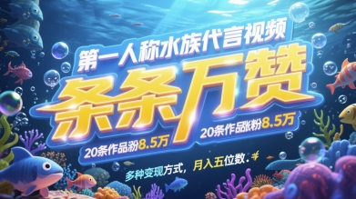 第一人称水族代言视频，条条万赞，20条作品涨粉7.8W，多种变现方式月入五位数-wanlih项目库