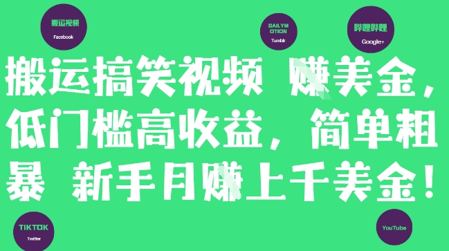 搬运搞笑视频挣美金，低门槛高收益，简单粗暴新手月入上千美刀-wanlih项目库